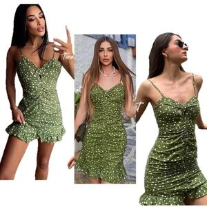 Zara green white polkadot ruched ruffle frill flounced hem mini dress bodycon XS